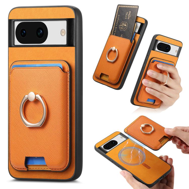 Retro Cross Leather Ring Vertical Insert Card Bag MagSafe Phone Case, For Google Pixel 11 Pro XL, For Google Pixel 11, For Google Pixel 11 Pro, For Google Pixel 10 Pro XL, For Google Pixel 9a, For Google Pixel 9 Pro XL, For Google Pixel 8a             ...