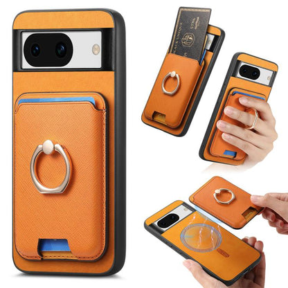 Retro Cross Leather Ring Vertical Insert Card Bag MagSafe Phone Case, For Google Pixel 11 Pro XL, For Google Pixel 11, For Google Pixel 11 Pro, For Google Pixel 10 Pro XL, For Google Pixel 9a, For Google Pixel 9 Pro XL, For Google Pixel 8a             ...