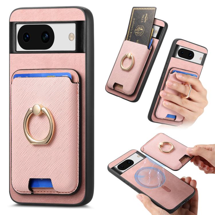 Retro Cross Leather Ring Vertical Insert Card Bag MagSafe Phone Case, For Google Pixel 11 Pro XL, For Google Pixel 11, For Google Pixel 11 Pro, For Google Pixel 10 Pro XL, For Google Pixel 9a, For Google Pixel 9 Pro XL, For Google Pixel 8a             ...