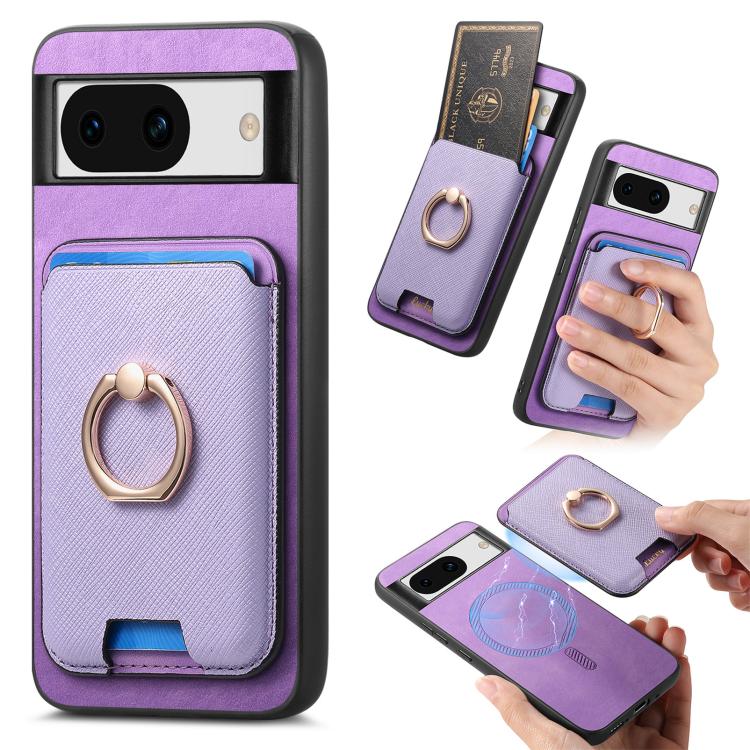 Retro Cross Leather Ring Vertical Insert Card Bag MagSafe Phone Case, For Google Pixel 11 Pro XL, For Google Pixel 11, For Google Pixel 11 Pro, For Google Pixel 10 Pro XL, For Google Pixel 9a, For Google Pixel 9 Pro XL, For Google Pixel 8a             ...