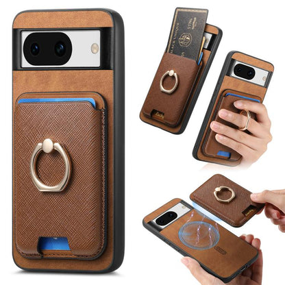 Retro Cross Leather Ring Vertical Insert Card Bag MagSafe Phone Case, For Google Pixel 11 Pro XL, For Google Pixel 11, For Google Pixel 11 Pro, For Google Pixel 10 Pro XL, For Google Pixel 9a, For Google Pixel 9 Pro XL, For Google Pixel 8a             ...