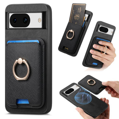 Retro Cross Leather Ring Vertical Insert Card Bag MagSafe Phone Case, For Google Pixel 11 Pro XL, For Google Pixel 11, For Google Pixel 11 Pro, For Google Pixel 10 Pro XL, For Google Pixel 9a, For Google Pixel 9 Pro XL, For Google Pixel 8a             ...