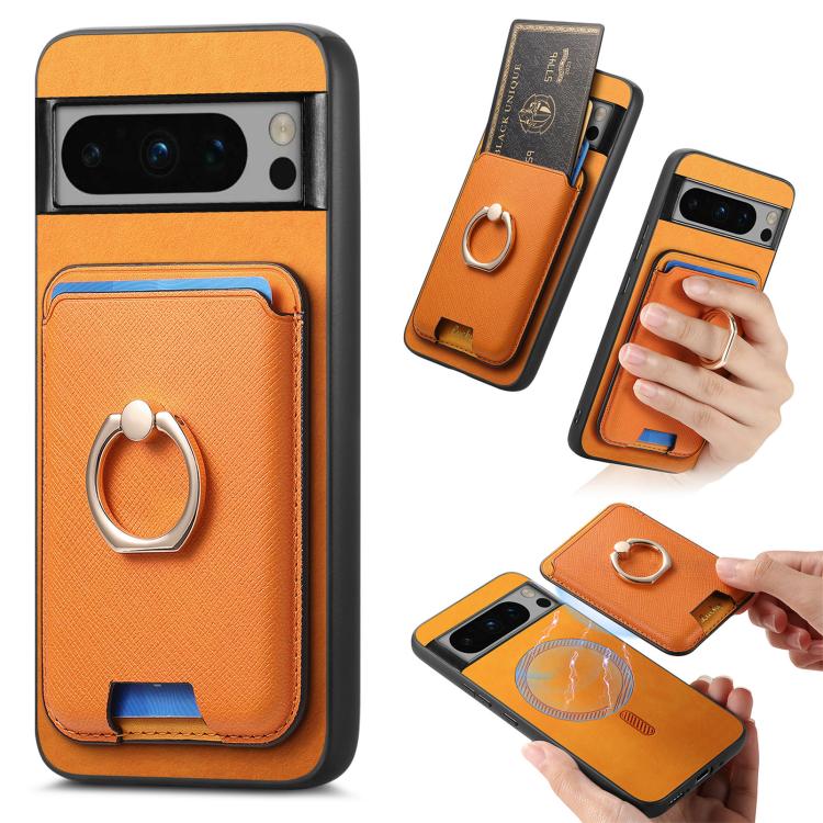 Retro Cross Leather Ring Vertical Insert Card Bag MagSafe Phone Case, For Google Pixel 11 Pro XL, For Google Pixel 11, For Google Pixel 11 Pro, For Google Pixel 10 Pro XL, For Google Pixel 9a, For Google Pixel 9 Pro XL, For Google Pixel 8a             ...