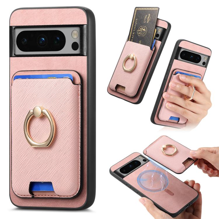 Retro Cross Leather Ring Vertical Insert Card Bag MagSafe Phone Case, For Google Pixel 11 Pro XL, For Google Pixel 11, For Google Pixel 11 Pro, For Google Pixel 10 Pro XL, For Google Pixel 9a, For Google Pixel 9 Pro XL, For Google Pixel 8a             ...