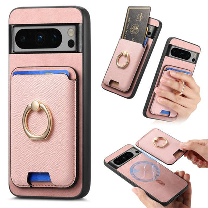 Retro Cross Leather Ring Vertical Insert Card Bag MagSafe Phone Case, For Google Pixel 11 Pro XL, For Google Pixel 11, For Google Pixel 11 Pro, For Google Pixel 10 Pro XL, For Google Pixel 9a, For Google Pixel 9 Pro XL, For Google Pixel 8a             ...