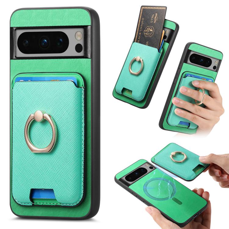 Retro Cross Leather Ring Vertical Insert Card Bag MagSafe Phone Case, For Google Pixel 11 Pro XL, For Google Pixel 11, For Google Pixel 11 Pro, For Google Pixel 10 Pro XL, For Google Pixel 9a, For Google Pixel 9 Pro XL, For Google Pixel 8a             ...