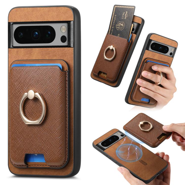 Retro Cross Leather Ring Vertical Insert Card Bag MagSafe Phone Case, For Google Pixel 11 Pro XL, For Google Pixel 11, For Google Pixel 11 Pro, For Google Pixel 10 Pro XL, For Google Pixel 9a, For Google Pixel 9 Pro XL, For Google Pixel 8a             ...