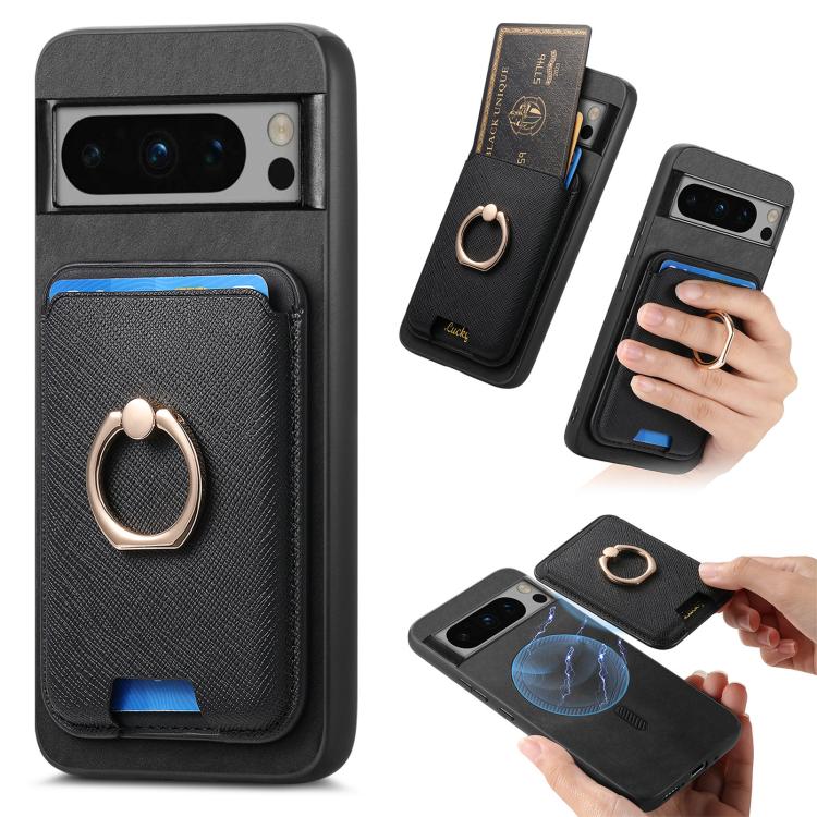 Retro Cross Leather Ring Vertical Insert Card Bag MagSafe Phone Case, For Google Pixel 11 Pro XL, For Google Pixel 11, For Google Pixel 11 Pro, For Google Pixel 10 Pro XL, For Google Pixel 9a, For Google Pixel 9 Pro XL, For Google Pixel 8a             ...