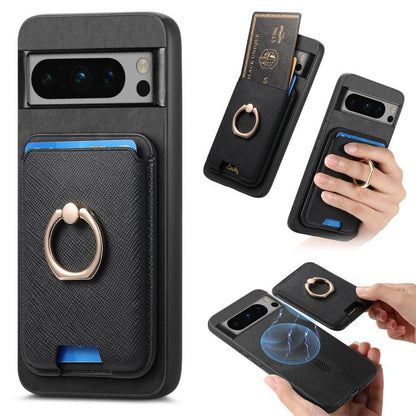 Retro Cross Leather Ring Vertical Insert Card Bag MagSafe Phone Case, For Google Pixel 11 Pro XL, For Google Pixel 11, For Google Pixel 11 Pro, For Google Pixel 10 Pro XL, For Google Pixel 9a, For Google Pixel 9 Pro XL, For Google Pixel 8a             ...