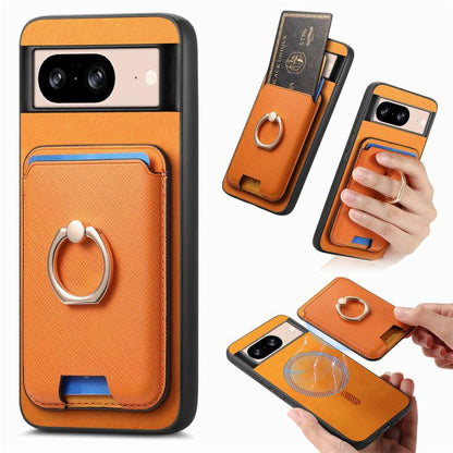 Retro Cross Leather Ring Vertical Insert Card Bag MagSafe Phone Case, For Google Pixel 11 Pro XL, For Google Pixel 11, For Google Pixel 11 Pro, For Google Pixel 10 Pro XL, For Google Pixel 9a, For Google Pixel 9 Pro XL, For Google Pixel 8a             ...