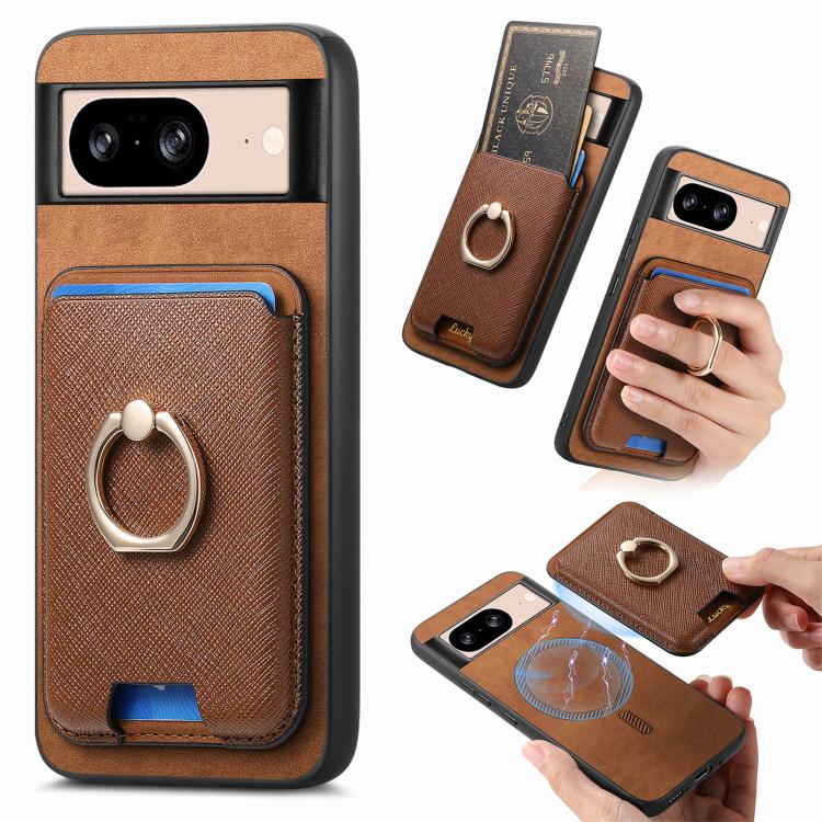 Retro Cross Leather Ring Vertical Insert Card Bag MagSafe Phone Case, For Google Pixel 11 Pro XL, For Google Pixel 11, For Google Pixel 11 Pro, For Google Pixel 10 Pro XL, For Google Pixel 9a, For Google Pixel 9 Pro XL, For Google Pixel 8a             ...