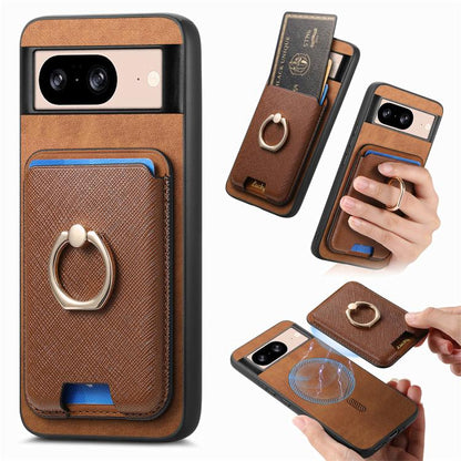 Retro Cross Leather Ring Vertical Insert Card Bag MagSafe Phone Case, For Google Pixel 11 Pro XL, For Google Pixel 11, For Google Pixel 11 Pro, For Google Pixel 10 Pro XL, For Google Pixel 9a, For Google Pixel 9 Pro XL, For Google Pixel 8a             ...