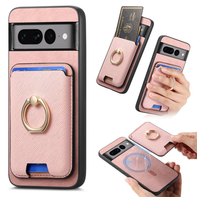 Retro Cross Leather Ring Vertical Insert Card Bag MagSafe Phone Case, For Google Pixel 11 Pro XL, For Google Pixel 11, For Google Pixel 11 Pro, For Google Pixel 10 Pro XL, For Google Pixel 9a, For Google Pixel 9 Pro XL, For Google Pixel 8a             ...