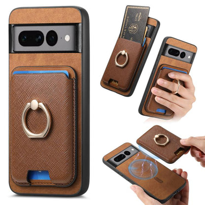 Retro Cross Leather Ring Vertical Insert Card Bag MagSafe Phone Case, For Google Pixel 11 Pro XL, For Google Pixel 11, For Google Pixel 11 Pro, For Google Pixel 10 Pro XL, For Google Pixel 9a, For Google Pixel 9 Pro XL, For Google Pixel 8a             ...