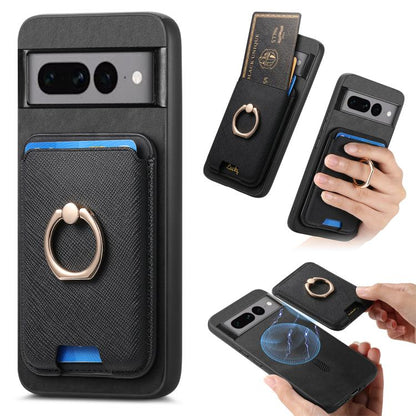 Retro Cross Leather Ring Vertical Insert Card Bag MagSafe Phone Case, For Google Pixel 11 Pro XL, For Google Pixel 11, For Google Pixel 11 Pro, For Google Pixel 10 Pro XL, For Google Pixel 9a, For Google Pixel 9 Pro XL, For Google Pixel 8a             ...