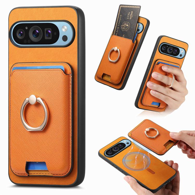 Retro Cross Leather Ring Vertical Insert Card Bag MagSafe Phone Case, For Google Pixel 9 / 9 Pro