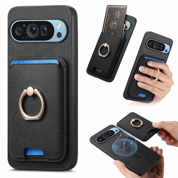 Retro Cross Leather Ring Vertical Insert Card Bag MagSafe Phone Case, For Google Pixel 9 / 9 Pro