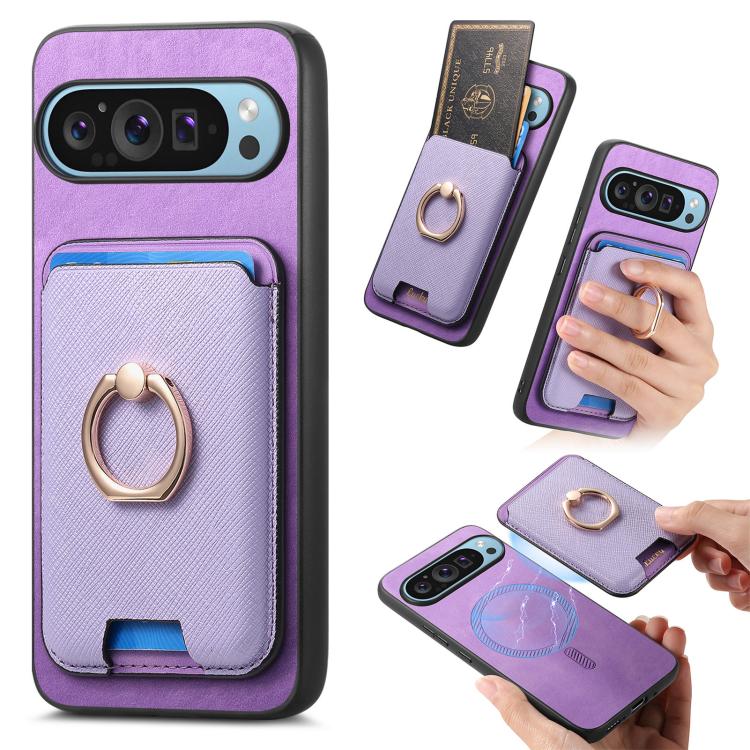 Retro Cross Leather Ring Vertical Insert Card Bag MagSafe Phone Case, For Google Pixel 11 Pro XL, For Google Pixel 11, For Google Pixel 11 Pro, For Google Pixel 10 Pro XL, For Google Pixel 9a, For Google Pixel 9 Pro XL, For Google Pixel 8a             ...