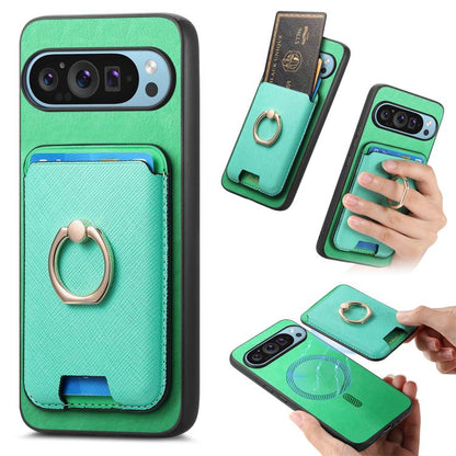 Retro Cross Leather Ring Vertical Insert Card Bag MagSafe Phone Case, For Google Pixel 11 Pro XL, For Google Pixel 11, For Google Pixel 11 Pro, For Google Pixel 10 Pro XL, For Google Pixel 9a, For Google Pixel 9 Pro XL, For Google Pixel 8a             ...