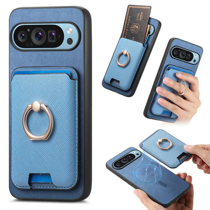 Retro Cross Leather Ring Vertical Insert Card Bag MagSafe Phone Case, For Google Pixel 11 Pro XL, For Google Pixel 11, For Google Pixel 11 Pro, For Google Pixel 10 Pro XL, For Google Pixel 9a, For Google Pixel 9 Pro XL, For Google Pixel 8a             ...