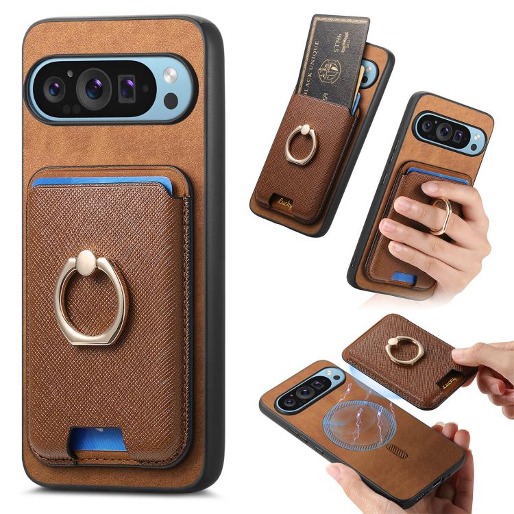 Retro Cross Leather Ring Vertical Insert Card Bag MagSafe Phone Case, For Google Pixel 11 Pro XL, For Google Pixel 11, For Google Pixel 11 Pro, For Google Pixel 10 Pro XL, For Google Pixel 9a, For Google Pixel 9 Pro XL, For Google Pixel 8a             ...