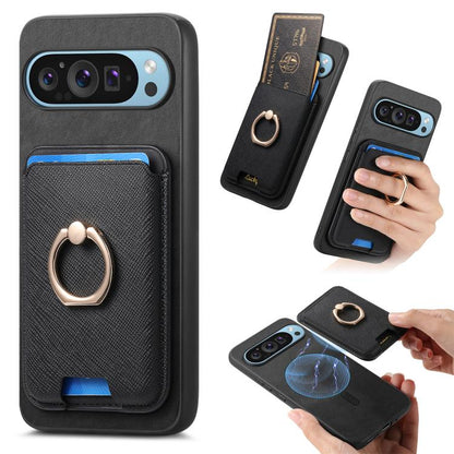 Retro Cross Leather Ring Vertical Insert Card Bag MagSafe Phone Case, For Google Pixel 11 Pro XL, For Google Pixel 11, For Google Pixel 11 Pro, For Google Pixel 10 Pro XL, For Google Pixel 9a, For Google Pixel 9 Pro XL, For Google Pixel 8a             ...