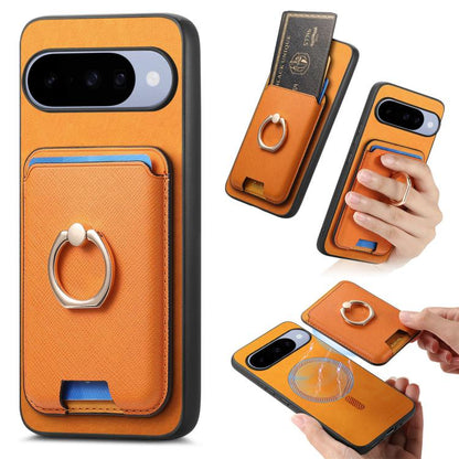 Retro Cross Leather Ring Vertical Insert Card Bag MagSafe Phone Case, For Google Pixel 11 Pro XL, For Google Pixel 11, For Google Pixel 11 Pro, For Google Pixel 10 Pro XL, For Google Pixel 9a, For Google Pixel 9 Pro XL, For Google Pixel 8a             ...