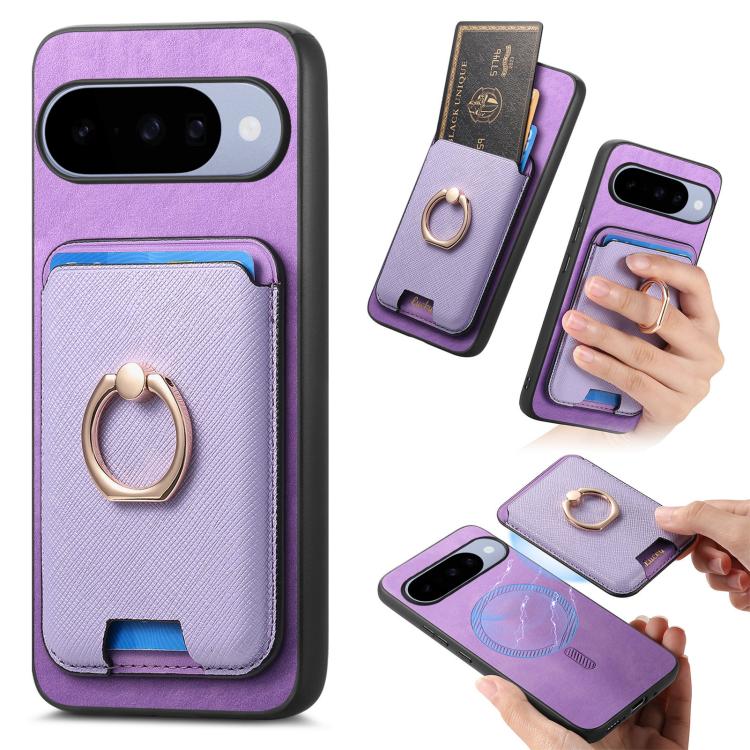 Retro Cross Leather Ring Vertical Insert Card Bag MagSafe Phone Case, For Google Pixel 11 Pro XL, For Google Pixel 11, For Google Pixel 11 Pro, For Google Pixel 10 Pro XL, For Google Pixel 9a, For Google Pixel 9 Pro XL, For Google Pixel 8a             ...