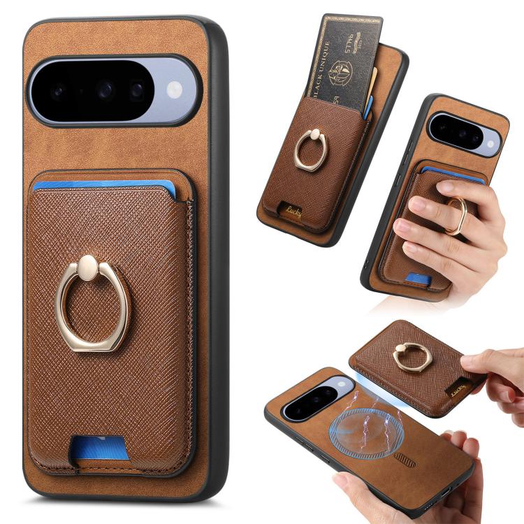 Retro Cross Leather Ring Vertical Insert Card Bag MagSafe Phone Case, For Google Pixel 11 Pro XL, For Google Pixel 11, For Google Pixel 11 Pro, For Google Pixel 10 Pro XL, For Google Pixel 9a, For Google Pixel 9 Pro XL, For Google Pixel 8a             ...
