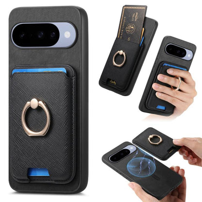 Retro Cross Leather Ring Vertical Insert Card Bag MagSafe Phone Case, For Google Pixel 11 Pro XL, For Google Pixel 11, For Google Pixel 11 Pro, For Google Pixel 10 Pro XL, For Google Pixel 9a, For Google Pixel 9 Pro XL, For Google Pixel 8a             ...