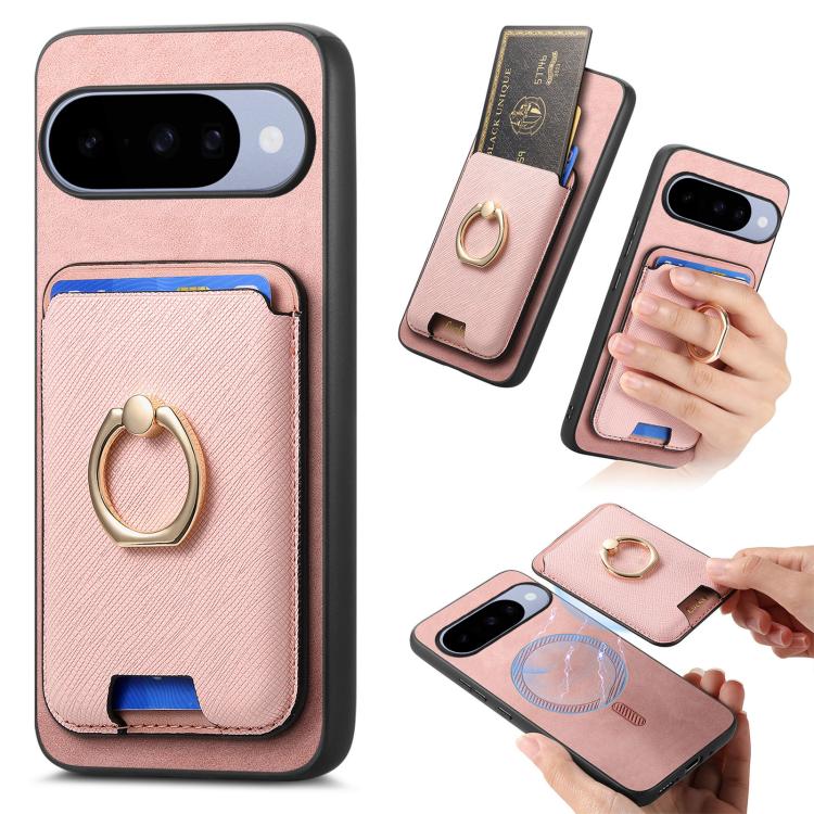 Retro Cross Leather Ring Vertical Insert Card Bag MagSafe Phone Case, For Google Pixel 11 Pro XL, For Google Pixel 11, For Google Pixel 11 Pro, For Google Pixel 10 Pro XL, For Google Pixel 9a, For Google Pixel 9 Pro XL, For Google Pixel 8a             ...