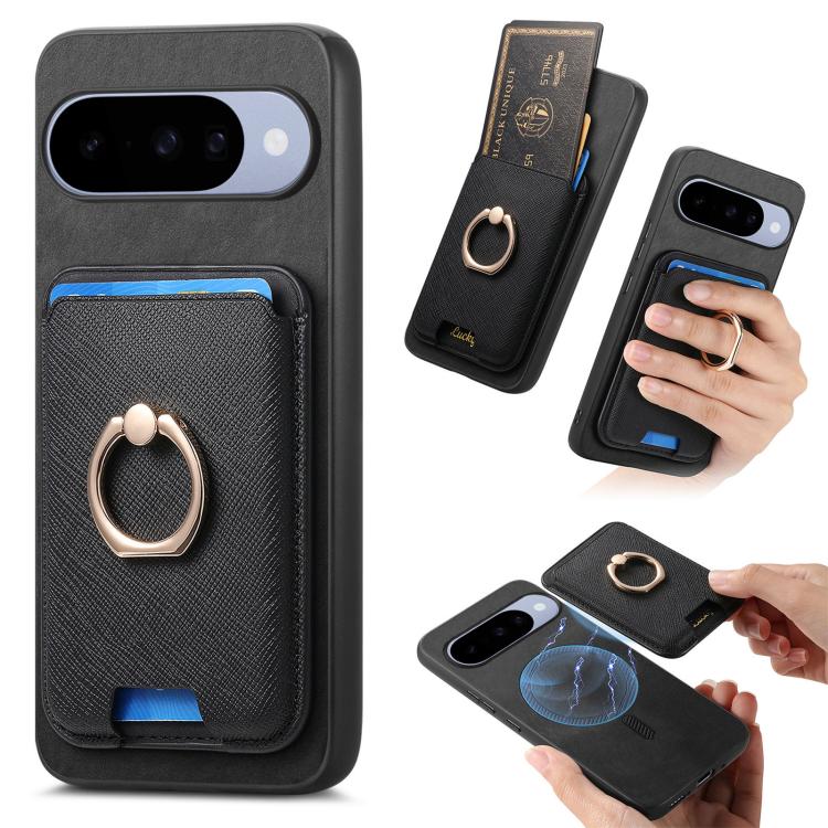 Retro Cross Leather Ring Vertical Insert Card Bag MagSafe Phone Case, For Google Pixel 11 Pro XL, For Google Pixel 11, For Google Pixel 11 Pro, For Google Pixel 10 Pro XL, For Google Pixel 9a, For Google Pixel 9 Pro XL, For Google Pixel 8a             ...