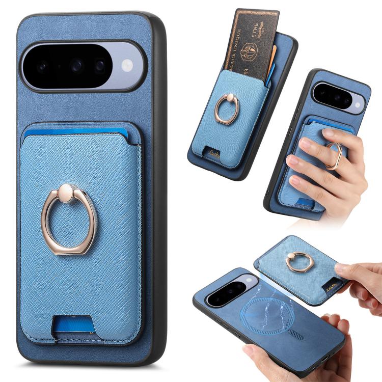 Retro Cross Leather Ring Vertical Insert Card Bag MagSafe Phone Case, For Google Pixel 11 Pro XL, For Google Pixel 11, For Google Pixel 11 Pro, For Google Pixel 10 Pro XL, For Google Pixel 9a, For Google Pixel 9 Pro XL, For Google Pixel 8a             ...