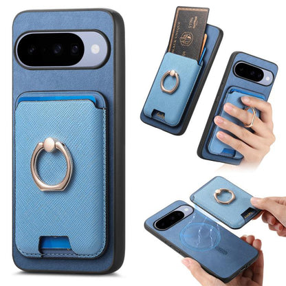 Retro Cross Leather Ring Vertical Insert Card Bag MagSafe Phone Case, For Google Pixel 11 Pro XL, For Google Pixel 11, For Google Pixel 11 Pro, For Google Pixel 10 Pro XL, For Google Pixel 9a, For Google Pixel 9 Pro XL, For Google Pixel 8a             ...