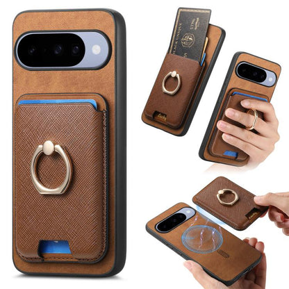 Retro Cross Leather Ring Vertical Insert Card Bag MagSafe Phone Case, For Google Pixel 11 Pro XL, For Google Pixel 11, For Google Pixel 11 Pro, For Google Pixel 10 Pro XL, For Google Pixel 9a, For Google Pixel 9 Pro XL, For Google Pixel 8a             ...