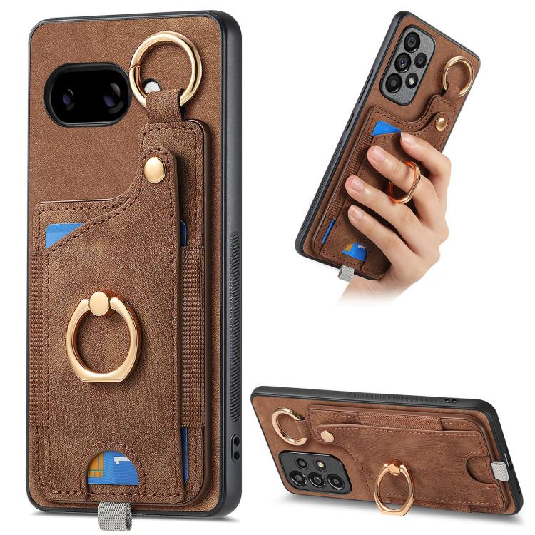 Retro Skin-feel Ring Card Bag Phone Case with Hang Loop, For Google Pixel 11 Pro XL, For Google Pixel 11, For Google Pixel 11 Pro, For Google Pixel 10 Pro XL, For Google Pixel 9a, For Google Pixel 9 Pro XL, For Google Pixel 10 / 10 Pro                 ...
