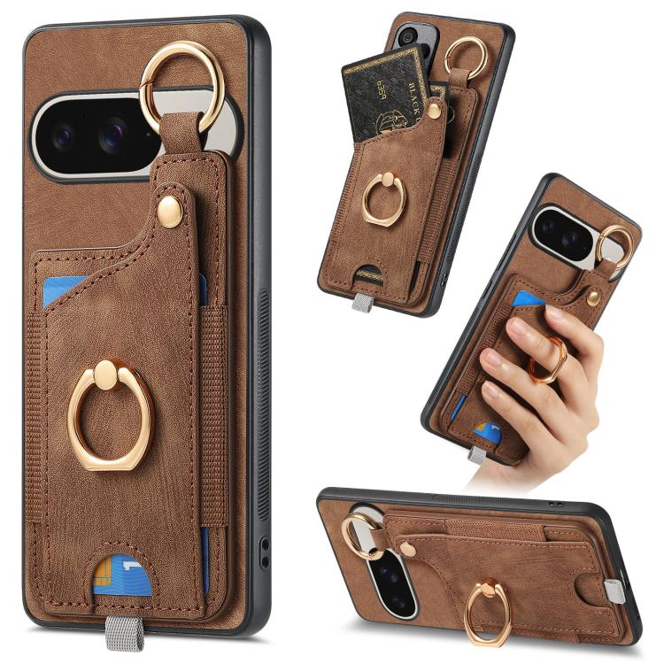 Retro Skin-feel Ring Card Bag Phone Case with Hang Loop, For Google Pixel 11 Pro XL, For Google Pixel 11, For Google Pixel 11 Pro, For Google Pixel 10 Pro XL, For Google Pixel 9a, For Google Pixel 9 Pro XL, For Google Pixel 10 / 10 Pro                 ...