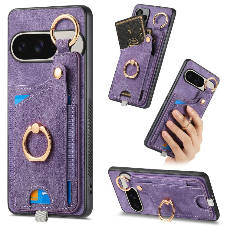 Retro Skin-feel Ring Card Bag Phone Case with Hang Loop, For Google Pixel 11 Pro XL, For Google Pixel 11, For Google Pixel 11 Pro, For Google Pixel 10 Pro XL, For Google Pixel 9a, For Google Pixel 9 Pro XL, For Google Pixel 10 / 10 Pro                 ...