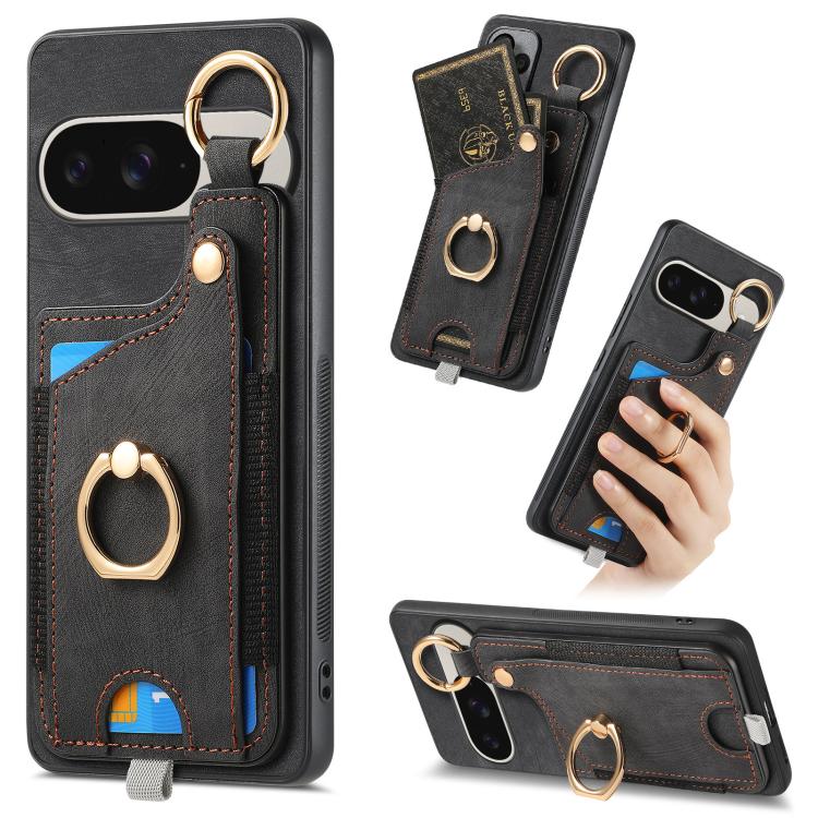 Retro Skin-feel Ring Card Bag Phone Case with Hang Loop, For Google Pixel 11 Pro XL, For Google Pixel 11, For Google Pixel 11 Pro, For Google Pixel 10 Pro XL, For Google Pixel 9a, For Google Pixel 9 Pro XL, For Google Pixel 10 / 10 Pro                 ...