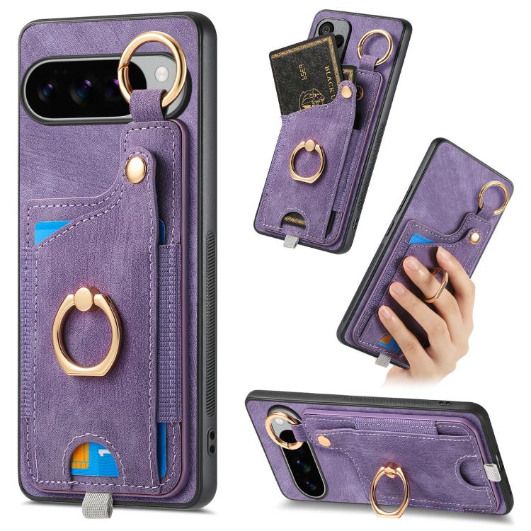 Retro Skin-feel Ring Card Bag Phone Case with Hang Loop, For Google Pixel 11 Pro XL, For Google Pixel 11, For Google Pixel 11 Pro, For Google Pixel 10 Pro XL, For Google Pixel 9a, For Google Pixel 9 Pro XL, For Google Pixel 10 / 10 Pro                 ...