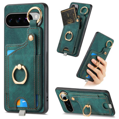 Retro Skin-feel Ring Card Bag Phone Case with Hang Loop, For Google Pixel 11 Pro XL, For Google Pixel 11, For Google Pixel 11 Pro, For Google Pixel 10 Pro XL, For Google Pixel 9a, For Google Pixel 9 Pro XL, For Google Pixel 10 / 10 Pro                 ...