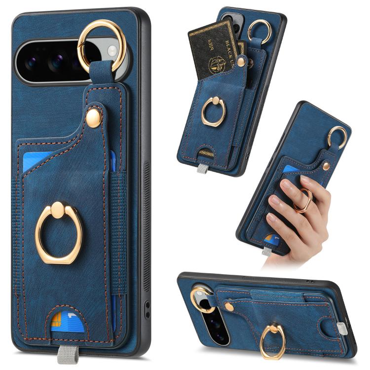 Retro Skin-feel Ring Card Bag Phone Case with Hang Loop, For Google Pixel 11 Pro XL, For Google Pixel 11, For Google Pixel 11 Pro, For Google Pixel 10 Pro XL, For Google Pixel 9a, For Google Pixel 9 Pro XL, For Google Pixel 10 / 10 Pro                 ...