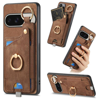 Retro Skin-feel Ring Card Bag Phone Case with Hang Loop, For Google Pixel 11 Pro XL, For Google Pixel 11, For Google Pixel 11 Pro, For Google Pixel 10 Pro XL, For Google Pixel 9a, For Google Pixel 9 Pro XL, For Google Pixel 10 / 10 Pro                 ...
