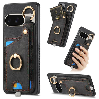 Retro Skin-feel Ring Card Bag Phone Case with Hang Loop, For Google Pixel 11 Pro XL, For Google Pixel 11, For Google Pixel 11 Pro, For Google Pixel 10 Pro XL, For Google Pixel 9a, For Google Pixel 9 Pro XL, For Google Pixel 10 / 10 Pro                 ...