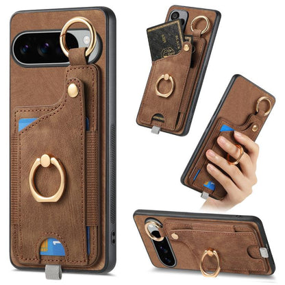 Retro Skin-feel Ring Card Bag Phone Case with Hang Loop, For Google Pixel 11 Pro XL, For Google Pixel 11, For Google Pixel 11 Pro, For Google Pixel 10 Pro XL, For Google Pixel 9a, For Google Pixel 9 Pro XL, For Google Pixel 10 / 10 Pro                 ...