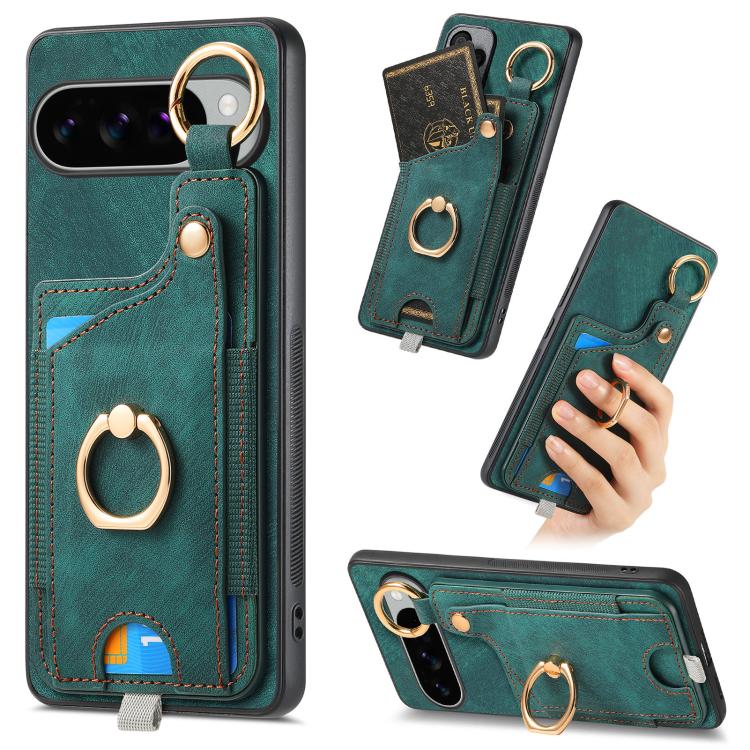 Retro Skin-feel Ring Card Bag Phone Case with Hang Loop, For Google Pixel 11 Pro XL, For Google Pixel 11, For Google Pixel 11 Pro, For Google Pixel 10 Pro XL, For Google Pixel 9a, For Google Pixel 9 Pro XL, For Google Pixel 10 / 10 Pro                 ...
