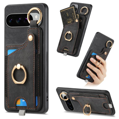 Retro Skin-feel Ring Card Bag Phone Case with Hang Loop, For Google Pixel 11 Pro XL, For Google Pixel 11, For Google Pixel 11 Pro, For Google Pixel 10 Pro XL, For Google Pixel 9a, For Google Pixel 9 Pro XL, For Google Pixel 10 / 10 Pro                 ...