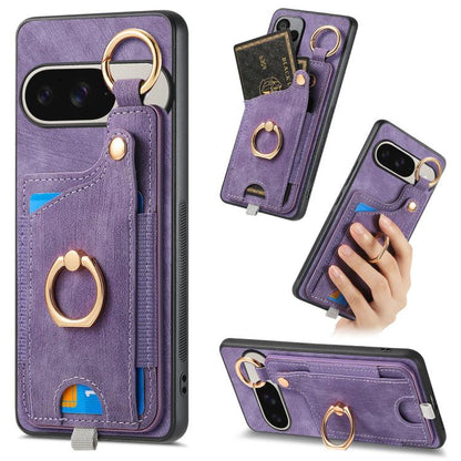 Retro Skin-feel Ring Card Bag Phone Case with Hang Loop, For Google Pixel 11 Pro XL, For Google Pixel 11, For Google Pixel 11 Pro, For Google Pixel 10 Pro XL, For Google Pixel 9a, For Google Pixel 9 Pro XL, For Google Pixel 10 / 10 Pro                 ...