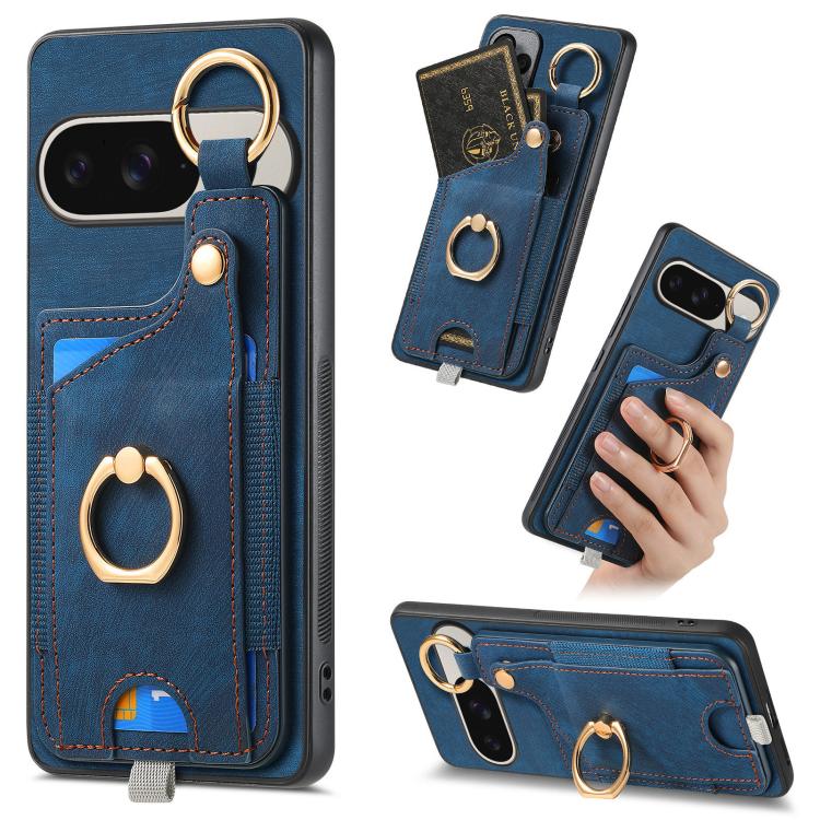 Retro Skin-feel Ring Card Bag Phone Case with Hang Loop, For Google Pixel 11 Pro XL, For Google Pixel 11, For Google Pixel 11 Pro, For Google Pixel 10 Pro XL, For Google Pixel 9a, For Google Pixel 9 Pro XL, For Google Pixel 10 / 10 Pro                 ...