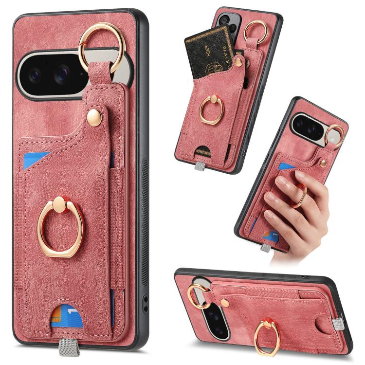 Retro Skin-feel Ring Card Bag Phone Case with Hang Loop, For Google Pixel 11 Pro XL, For Google Pixel 11, For Google Pixel 11 Pro, For Google Pixel 10 Pro XL, For Google Pixel 9a, For Google Pixel 9 Pro XL, For Google Pixel 10 / 10 Pro                 ...